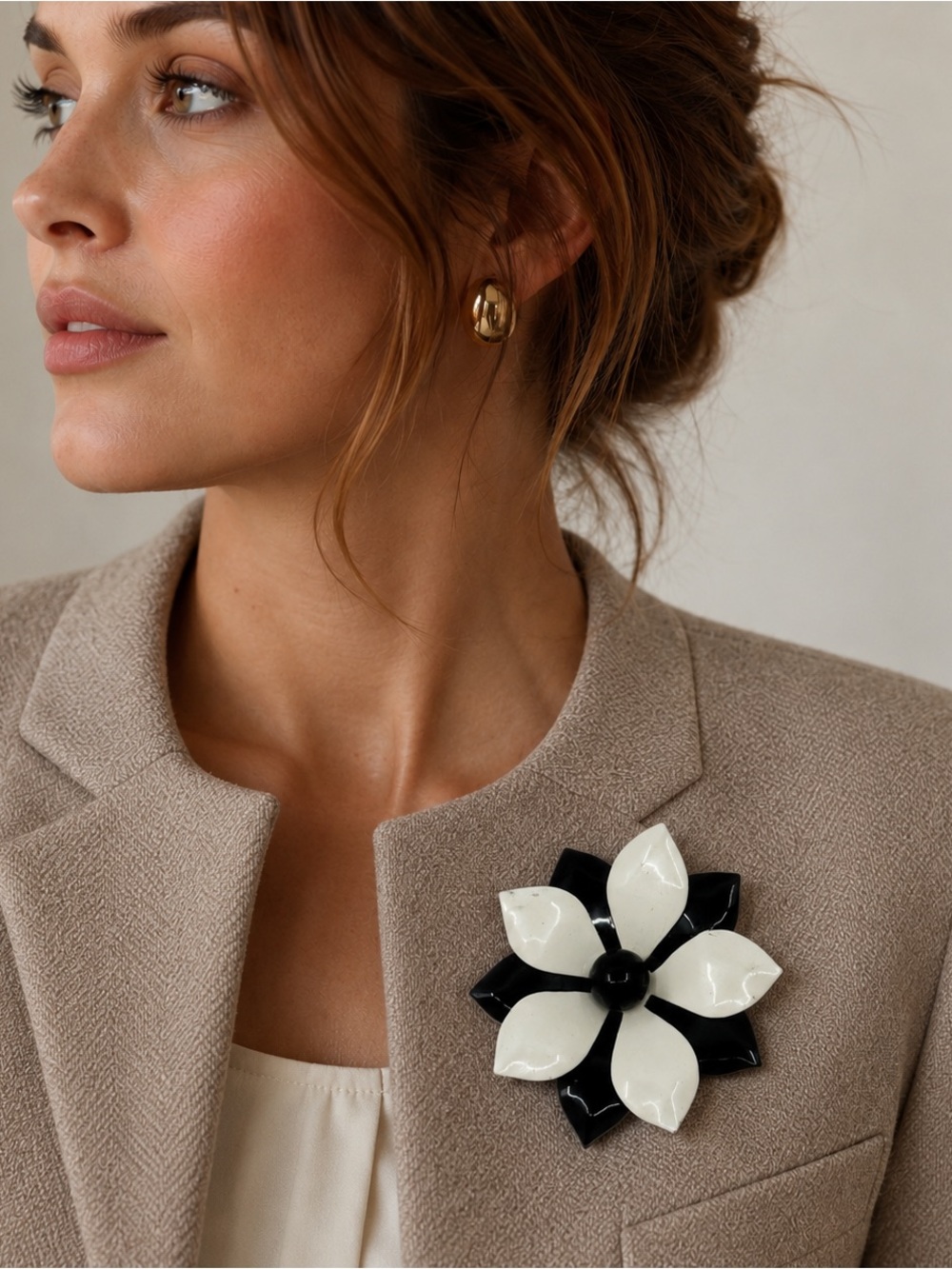 Vintage Black Ivory Enamel Flower Brooch Mod Statement Pin 1960s